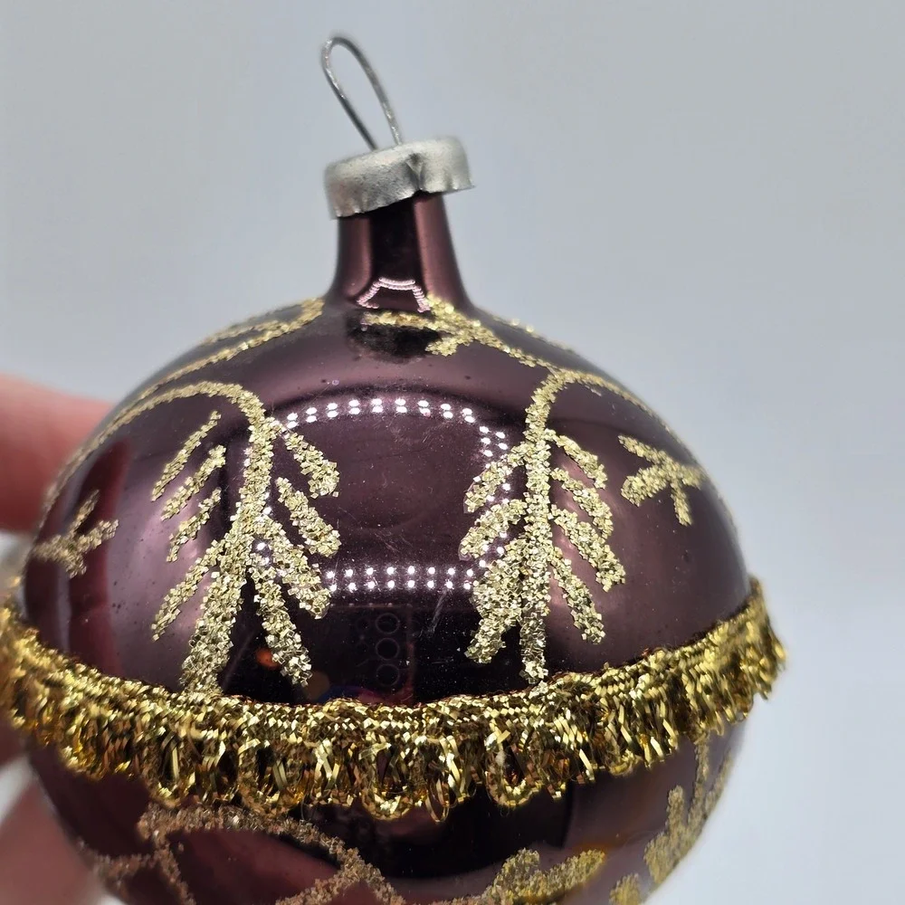 2 Vtg Glass Ball Christmas Ornaments Purple Gold Hand Blown‎ Unique
